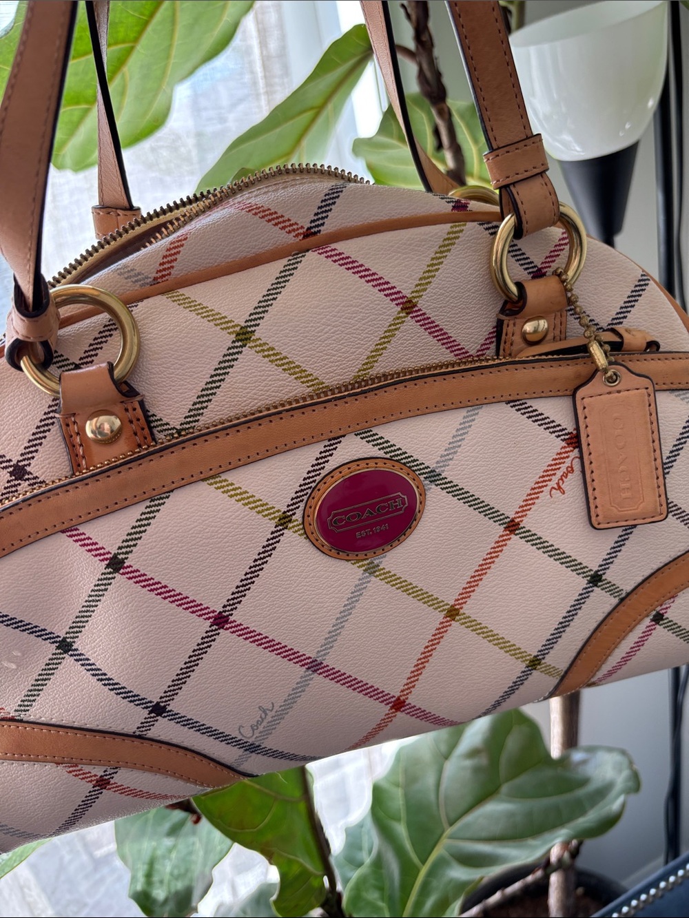 Vintage Coach Multicolor Plaid  satchel shoulder Bag with Tan Trim.